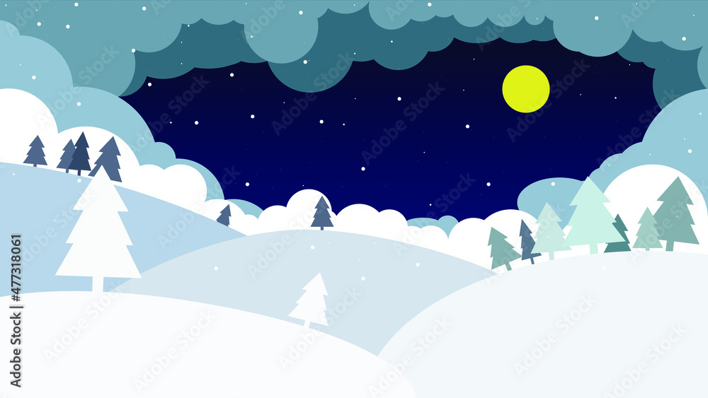 fir trees on the hills on a winter night against the sky with the moon and clouds fir trees on the hills on a winter night against the sky with the moon and clouds