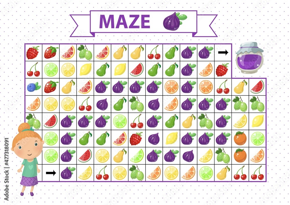 Maze game for children. Find the correct path by violet. Cartoon girl ...