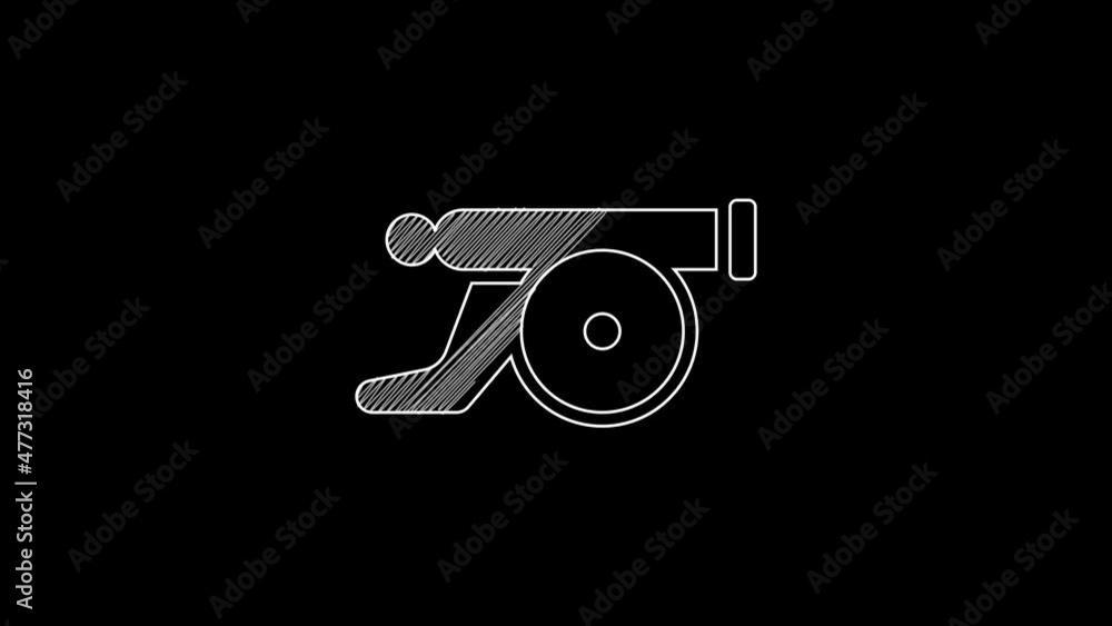 White line Ramadan cannon icon isolated on black background. 4K Video motion graphic animation White line Ramadan cannon icon isolated on black background. 4K Video motion graphic animation