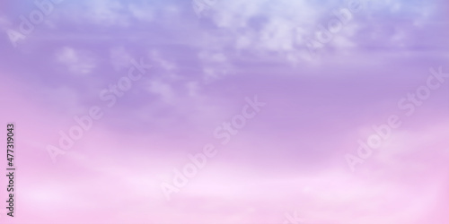 Panorama Clear purple to pink sky and white cloud detail with copy space. Sky Landscape Background.Summer heaven with colorful clearing sky. Vector illustration.Sky clouds background.