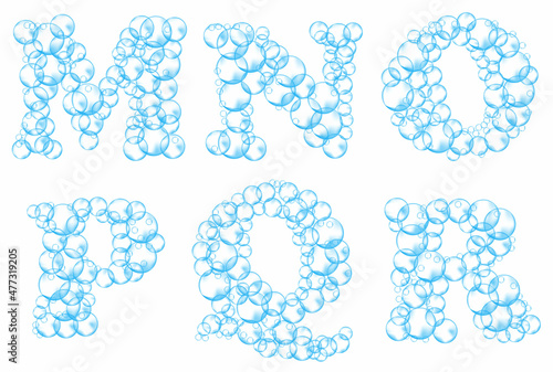 Alphabet of soap bubbles. Water suds letters m, n, o, p, q, r. Realistic vector font isolated on white background