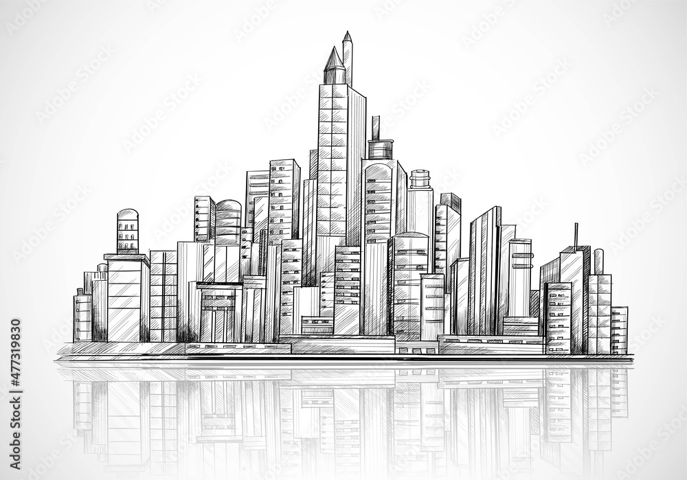 Hand draw city skyline sketch background