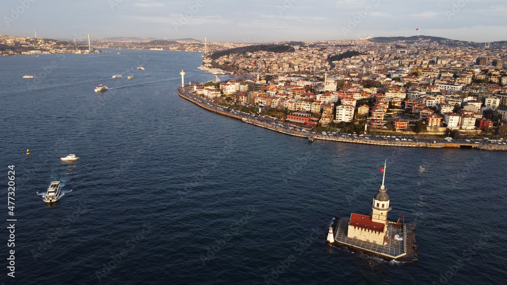 Aerial view of Maiden's tower, also known as Leander's tower, located in Bosphorus strait separating the continents of Europe and Asia, in Istanbul, Turkey.