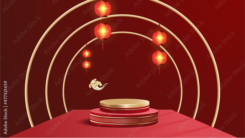 Abstract minimal mock up scene. podium for show product display. stage pedestal or platform. Chinese new year red and gold background. 3D vector Abstract minimal mock up scene. podium for show product display. stage pedestal or platform. Chinese new year red and gold background. 3D vector