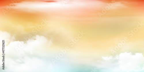 Panorama Clear yellow pink sky and white cloud detail with copy space. Sky Landscape Background.Summer heaven with colorful clearing sky. Vector illustration.Sky clouds background.