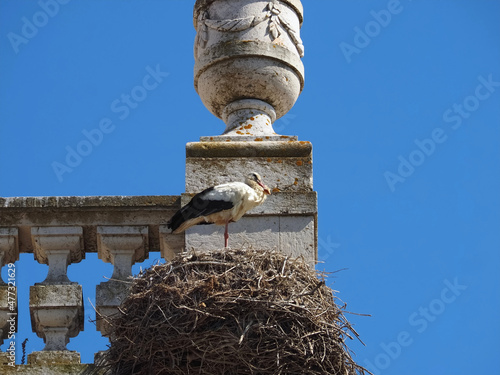 Arco da Vila, gate to the old town of Faro in Portugal, historic building with stork nest