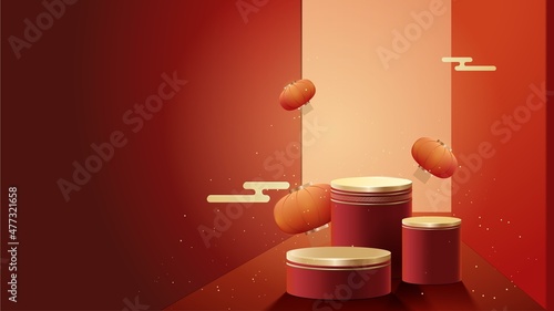 Abstract minimal mock up scene. podium for show product display. stage pedestal or platform. Chinese new year red and gold background. 3D vector