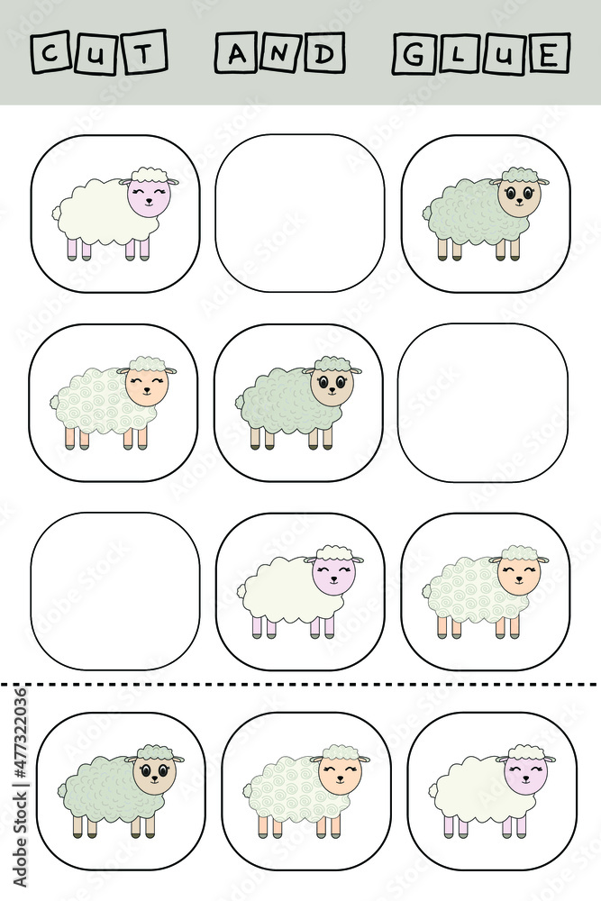 worksheet vector design, the task is to cut and glue a piece on colorful  sheeps.  Logic game for children.