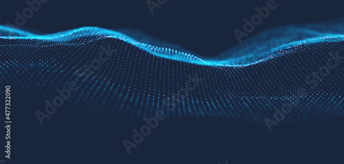 Abstract blue particle background. Flow wave with dot landscape. Digital data structure. Future mesh or sound grid. Pattern point visualization. Technology vector illustration.