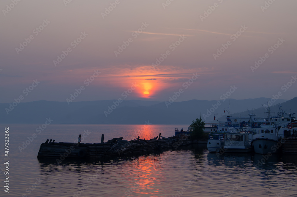 marina at sunset on Lake Baikal