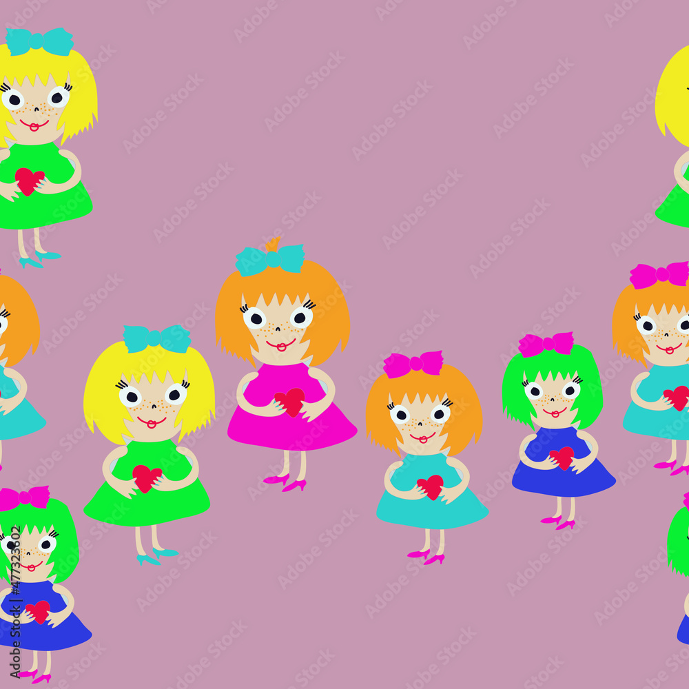 Horizontal stylized girls with heart. Hand drawn. Horizontal stylized girls with heart. Hand drawn.