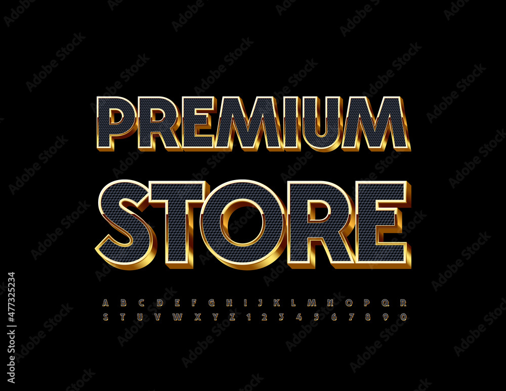 Vector Chic Poster Premium Store. Black and Golden 3D Font. Luxury Alphabet Letters and Numbers set