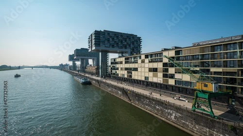Hyperlapse of Cologne office building and waterfront 