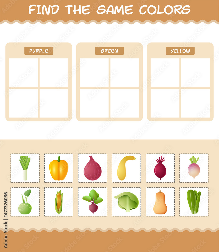 Find the same colors of vegetables. Searching and Matching game. Educational game for pre shool years kids and toddlers