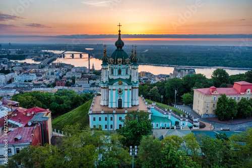 Aerial view of St. Andrew's Church during dawn, one of the most famous sights of the city of Kiev. Cityscape concept, tourism, vacation, travel