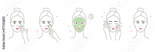 Beautiful girl take care of her face . Woman making skincare ritual. Beauty routine, face mask moisturising guide. Flat vector Illustration icon set