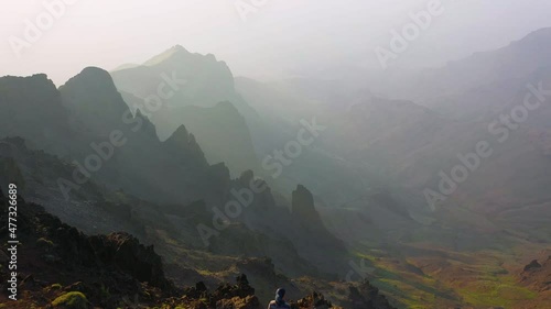 Hazy sunrise at Steens Mountain in Oregon, U.S., aerial view photo