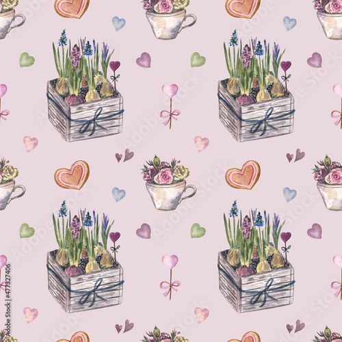 Spring seamless pattern in farmhouse style. Wooden box with hyacinths, crocuses and muscari flowers, a cup of flowers, and heart shaped cookies. Cute watercolor elements on dusty pink background. photo