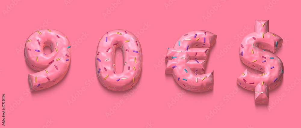 set of numbers and symbols made ok cookies on pink background, nine, zero, euro, dollar set of numbers and symbols made ok cookies on pink background, nine, zero, euro, dollar