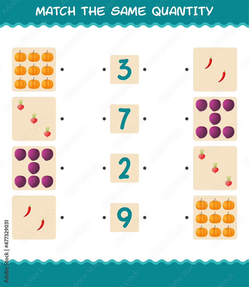 Match the same quantity of vegetables. Counting game. Educational game for pre shool years kids and toddlers