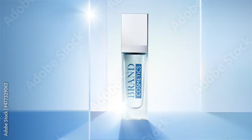 Product cosmetic with Transparent glass plates blue . product presentation, mock up, show cosmetic product . 