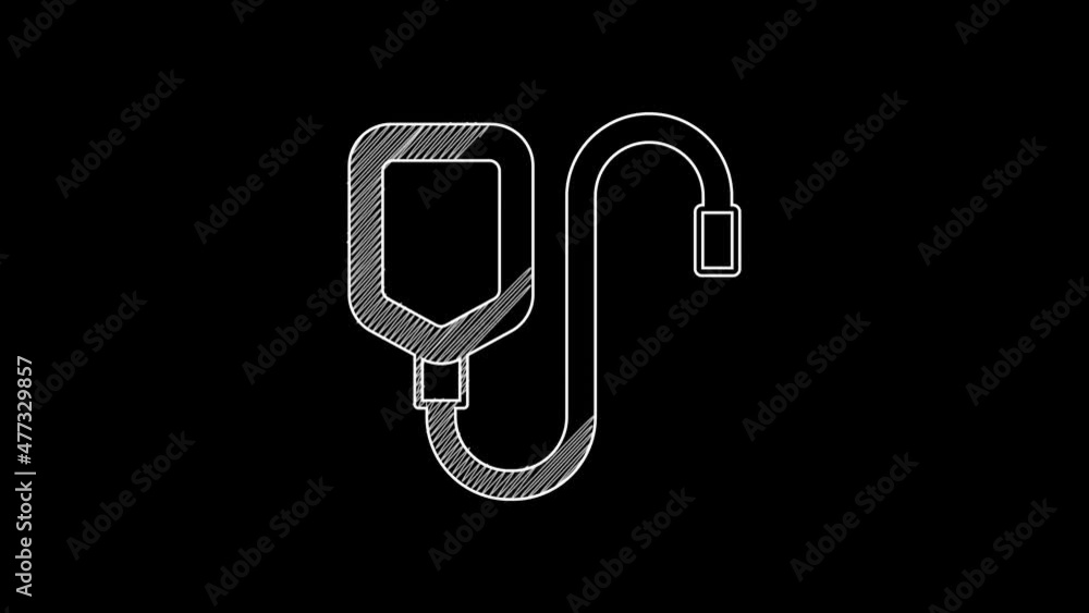 White line IV bag icon isolated on black background. Blood bag. Donate blood concept. The concept of treatment and therapy, chemotherapy. 4K Video motion graphic animation White line IV bag icon isolated on black background. Blood bag. Donate blood concept. The concept of treatment and therapy, chemotherapy. 4K Video motion graphic animation