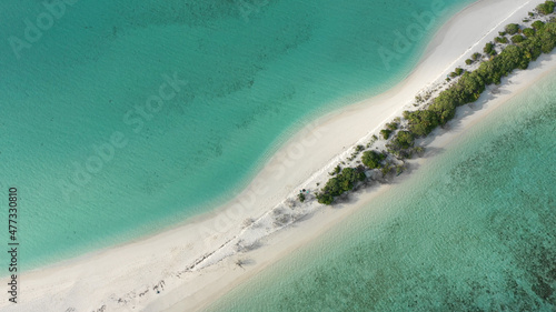 Aerial view of a tropical island with a sandbank, surrounded by turquoise water. Dhigurah island, Maldives. photo