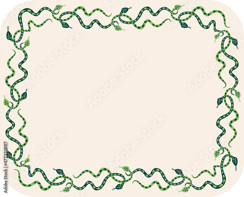 Decorative vector card with border of creeping cartoon green snakes