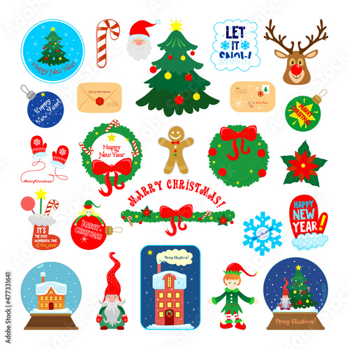 Set of Christmas stickers and decorations. Flat illustrations. New Year's toys and congratulations.