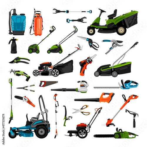 A set of garden tools in a detailed realistic style. Modern illustrations.