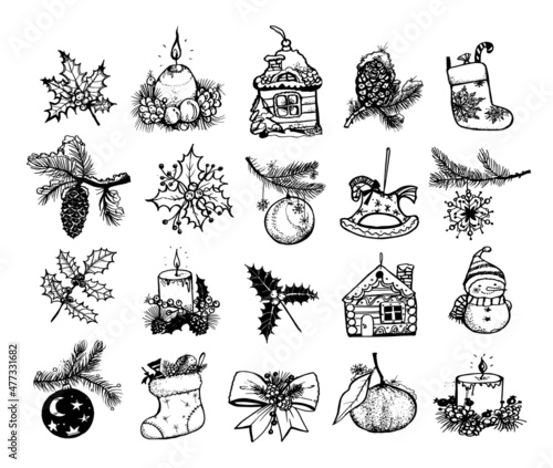 Collection of monochrome illustrations of new year in sketch style. Hand drawings in art ink style. Black and white graphics.