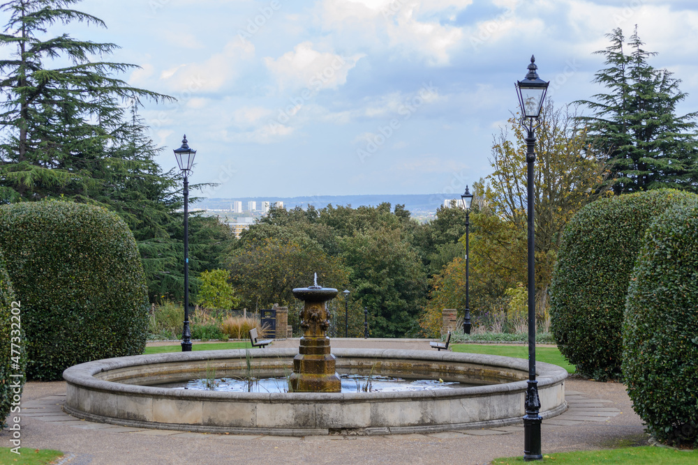 Fountain in the garden of Alexandra Palace, London, UK.