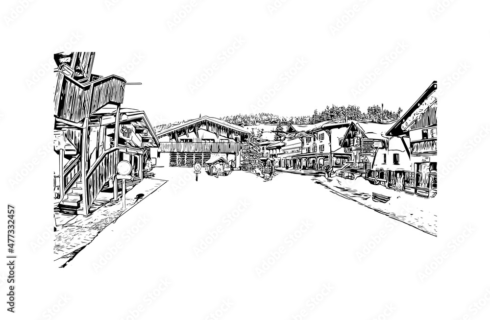 Building view with landmark of Les Gets is the 
commune in France. Hand drawn sketch illustration in vector.