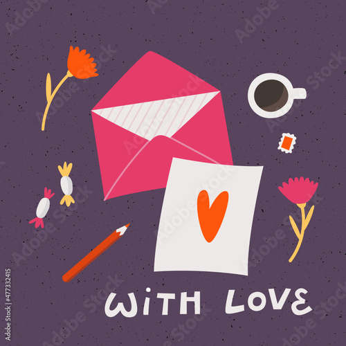 An envelope laying on the table together with a drawing of heart, flowers, sweets and post stamp. A love letter. Declaration of love. Saint Valentine's day card design.