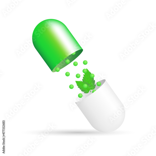 Open herbal capsule with granules and leaves