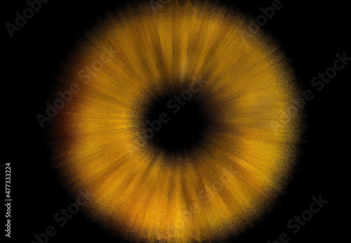 Conceptual creative photo of a male eye close-up macro painted isolated on a black background.