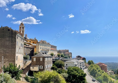Panoramic view of dreamy mountain village Cervione in Castagniccia, Corsica. photo