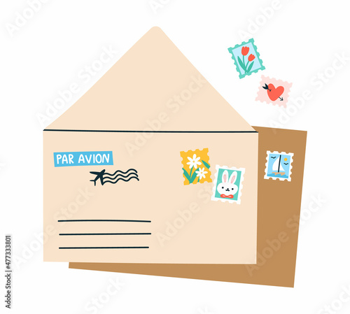 Vector illustration of two letters with colorful stamps. Open and closed envelopes, postage stamps and postmarks in trendy flat style.
