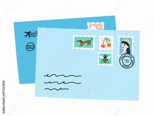 Stack of two letters with colorful stamps. Vector illustration of mail from a pen pal in trendy flat style.