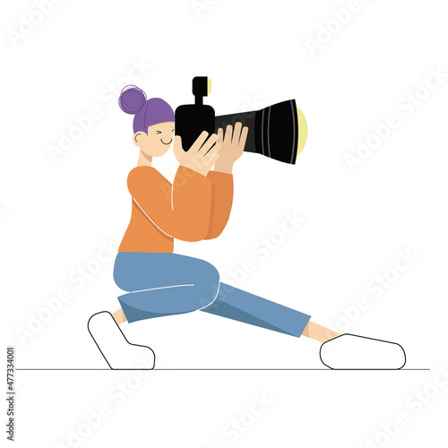 Pretty cartoon girl photographer holding a camera in her hand. Aspiring female photographer in sitting. Vector illustration in flat style, isolated on white background.
