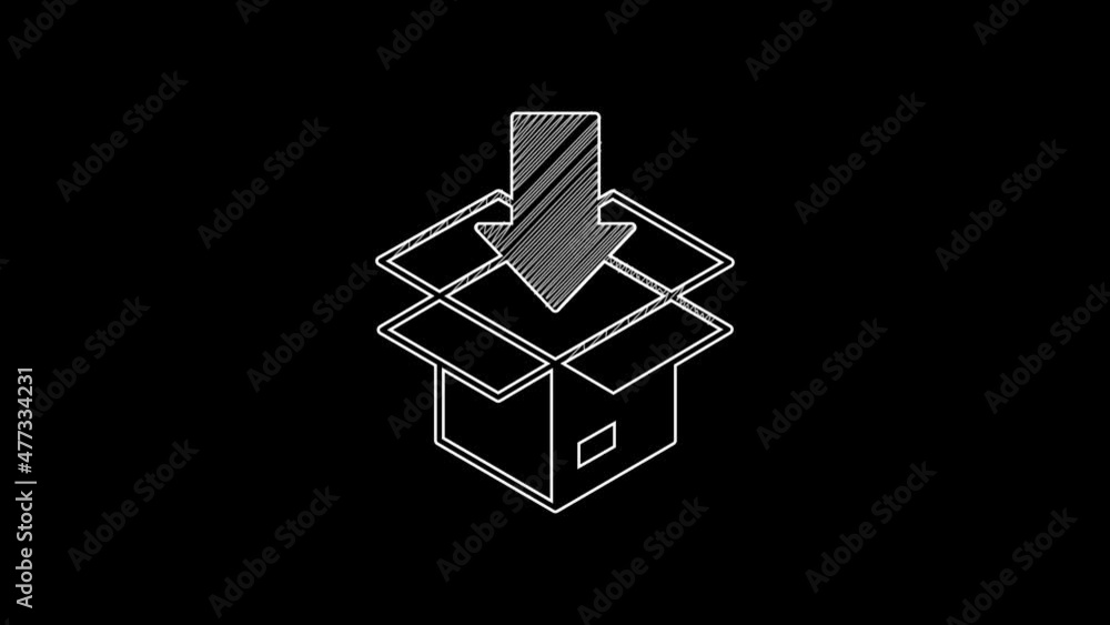 White line Carton cardboard box icon isolated on black background. Box, package, parcel sign. Delivery and packaging. 4K Video motion graphic animation White line Carton cardboard box icon isolated on black background. Box, package, parcel sign. Delivery and packaging. 4K Video motion graphic animation