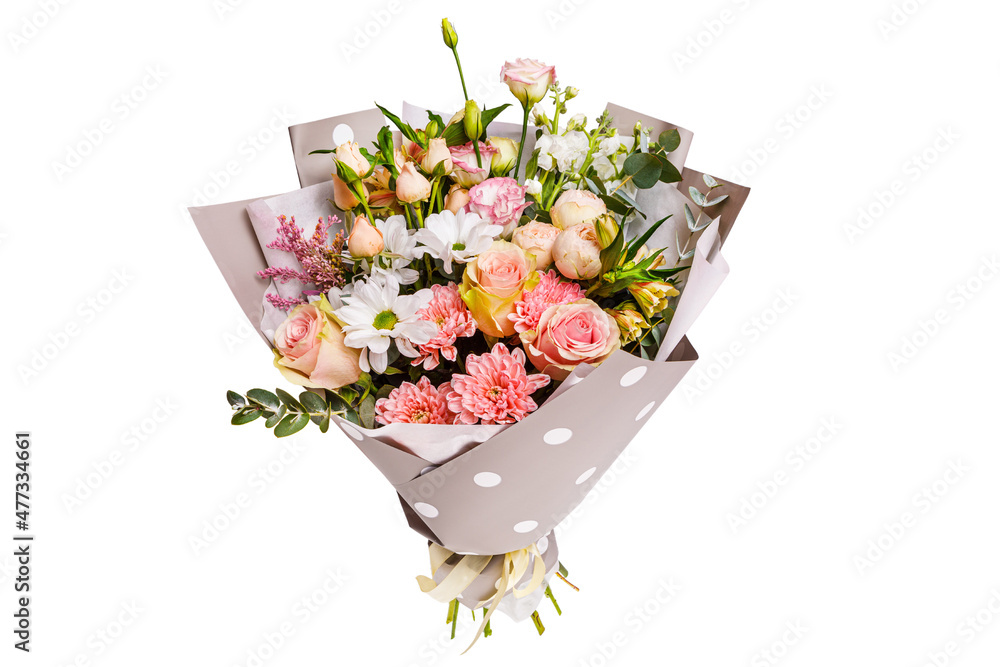 Gift box with beautiful flowers on white background