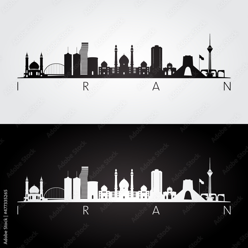 Iran skyline and landmarks silhouette, black and white design, vector illustration.