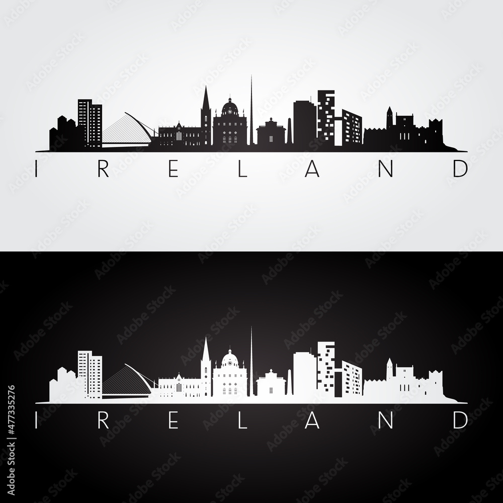 Ireland skyline and landmarks silhouette, black and white design, vector illustration.