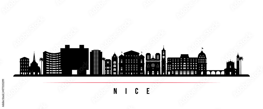 Nice skyline horizontal banner. Black and white silhouette of Nice, France. Vector template for your design.