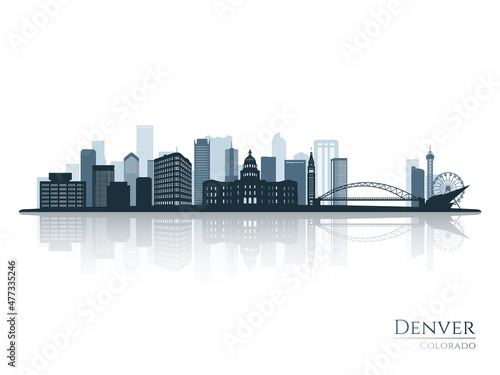 Denver skyline silhouette with reflection. Landscape Denver, Colorado. Vector illustration.