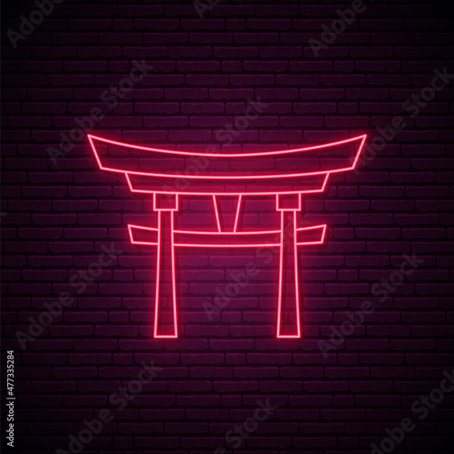 Japan gate neon sign. Glowing Japan gate icon on dark brick wall background. Vector illustration in neon style.