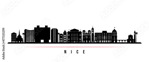 Nice skyline horizontal banner. Black and white silhouette of Nice, France. Vector template for your design.