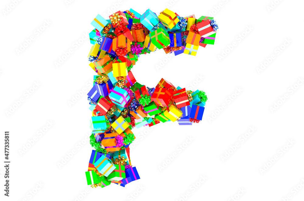 Letter F from colored gift boxes, 3D rendering Letter F from colored gift boxes, 3D rendering