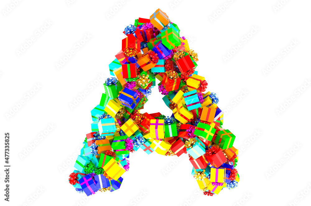 Letter A from colored gift boxes, 3D rendering Letter A from colored gift boxes, 3D rendering